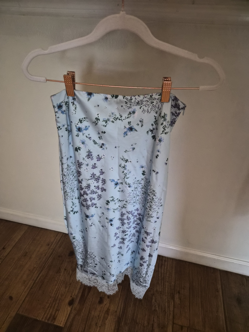 Altar'd State Pastel Blue Floral Lace-Trim Midi Stretch Satin Skirt